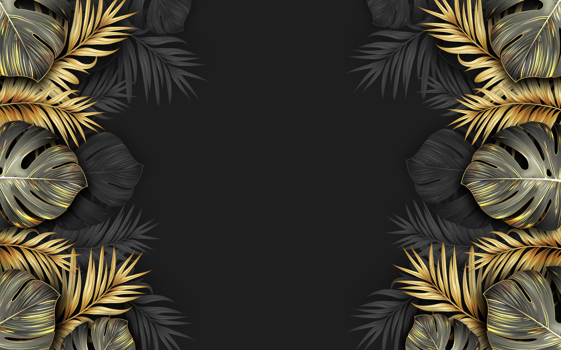 Black and Gold Tropical Leaves on Dark Background Luxury Exotic